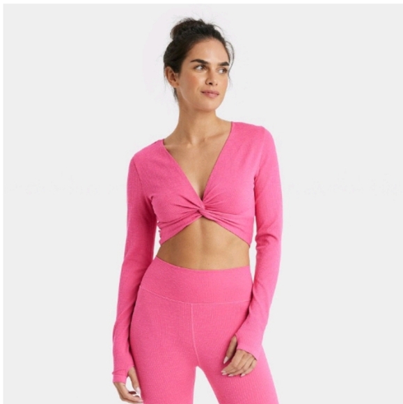 JoyLab Women's Wear 2 Ways Long Sleeve Cropped Top & Flare Leggings ~ Pink - Picture 3 of 16